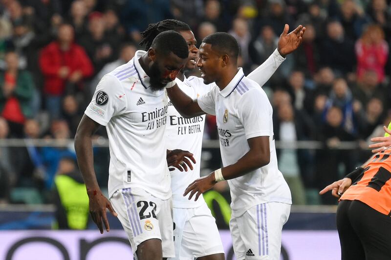 Antonio Rudiger of Real Madrid celebrates with team mates after scoring. Getty