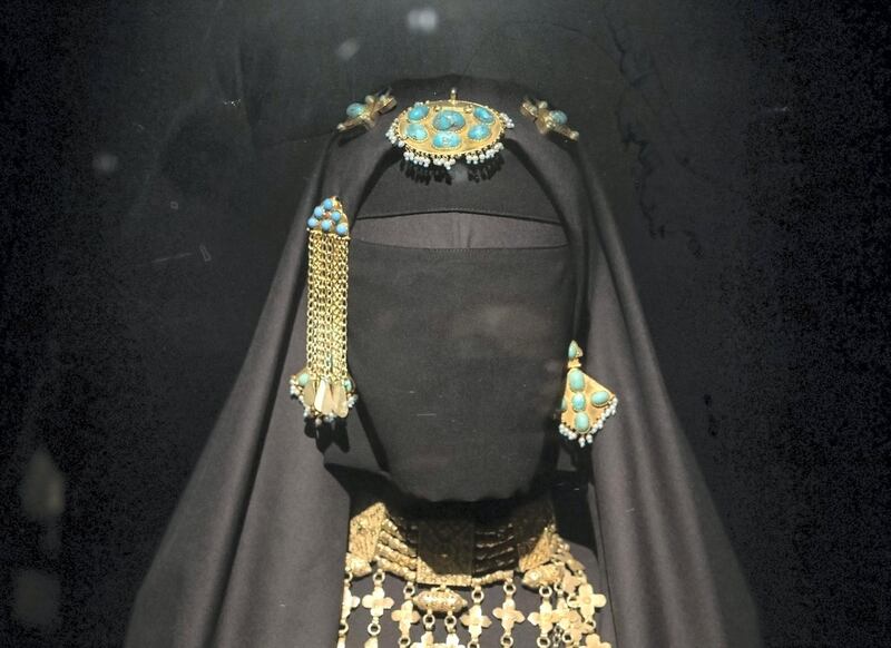 DUBAI, UNITED ARAB EMIRATES -A headpiece on display at the Hidden Treasures, a look at early 20th century Saudi Arabia jewelry,  show how diverse the different regions fashion was. Leslie Pableo for The National