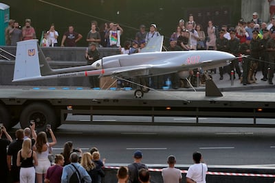 A Turkish-made Bayraktar TB2 drone displayed during a rehearsal of a military parade dedicated to Independence Day in Kyiv, Ukraine, on August 20, 2021.  AP