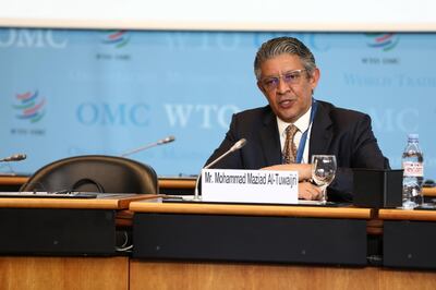 Saudi Arabia's candidate for General Director of the World Trade Organization (WTO) Mohammad Maziad Al-Tuwaijri attends the General Council meeting during the WTO Director General election process, as the spread of the coronavirus disease (COVID-19) continues, in Geneva, Switzerland July 17, 2020. WTO/Jay Louvion/Handout via REUTERS THIS IMAGE HAS BEEN SUPPLIED BY A THIRD PARTY. NO RESALES. NO ARCHIVES. MANDATORY CREDIT.