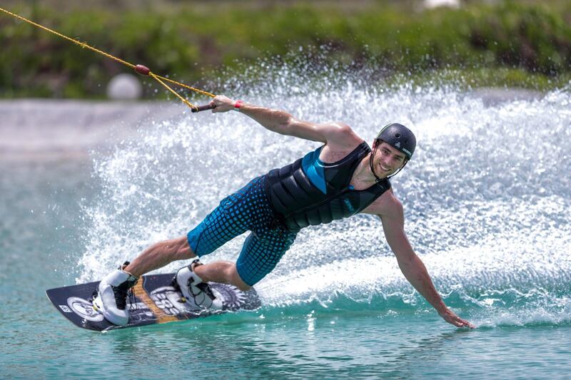 Abu Dhabi, United Arab Emirates, June 21, 2019.  Weather images.  Beating the heat at Al Forsan wakeboarding cable park. --  Rob Dam in action.
Victor Besa/The National
Section:  NA
Reporter: