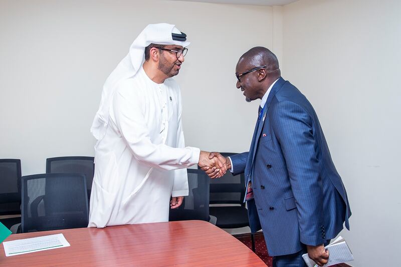 Dr Sultan Al Jaber meets Collins Nzovu, Zambia’s Minister of Green Economy and Environment, in Nairobi on a day the UAE pledged billions to help African nations develop green energy sources. Photo: Cop28