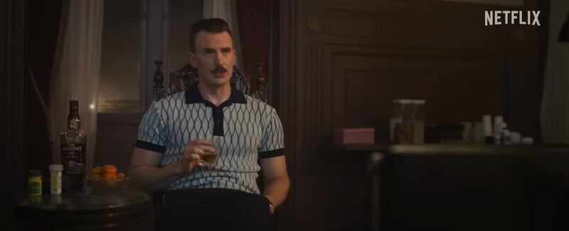 Chris Evans channels the 1970s era via his 'trash-tache' in 'The Gray Man'. Photo: Netflix