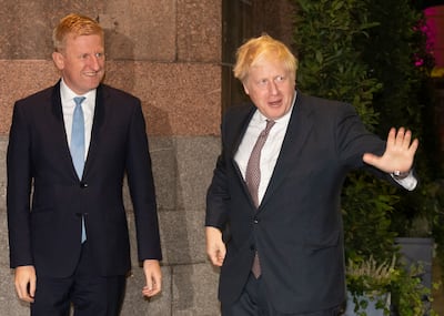 Oliver Dowden, left, has resigned as chairman of the Conservative Party. AP
