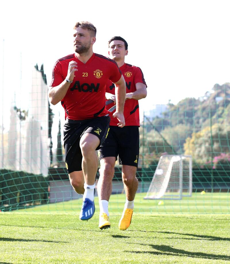 MALAGA, SPAIN - FEBRUARY 10: (EXCLUSIVE COVERAGE) Luke Shaw of Manchester United in action during a first team training session on February 10, 2020 in Malaga, Spain. (Photo by Matthew Peters/Manchester United via Getty Images)