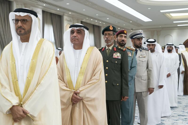 ABU DHABI, UNITED ARAB EMIRATES - June 04, 2019: HE Lt General Hamad Thani Al Romaithi, Chief of Staff UAE Armed Forces (3rd L), HE Lt General Saif Abdullah Al Shafar, Undersecretary of the UAE Ministry of Interior (4th L), HE Staff Major General Faris Khalaf Al Mazrouei, Chairman of the UAE Critical Infrastructure and Coastal Protection Authority (5th L) and other guests, attend an Eid Al Fitr reception at Mushrif Palace.

( Rashed Al Mansoori / Ministry of Presidential Affairs )
---