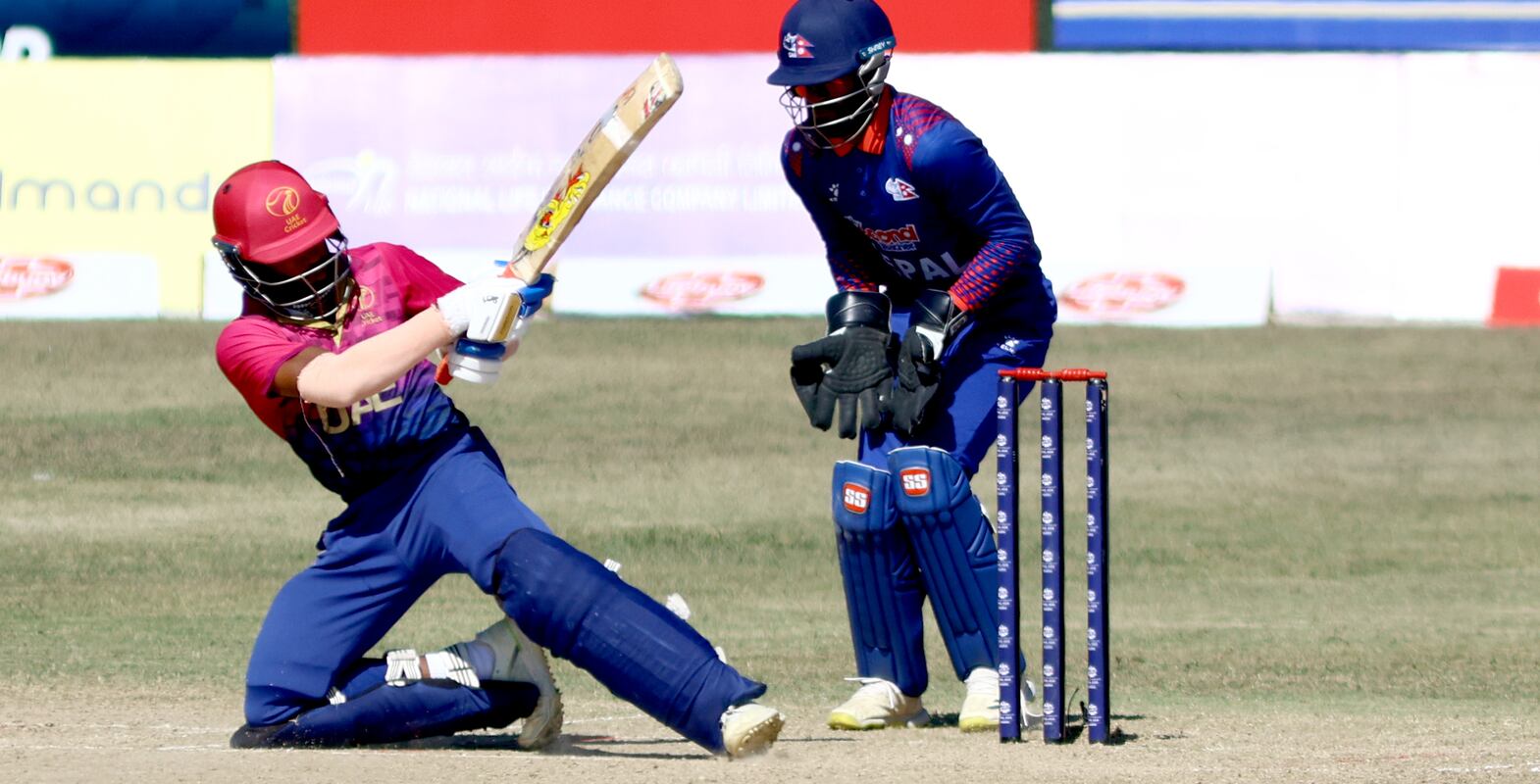 Vriitya Aravind of UAE plays a shot during match between the United Arab Emirates and Nepal in the semifinals of ICC Men's T20 World Cup Final Asia in Mulpani Cricket Ground, Kathmandu on Fr