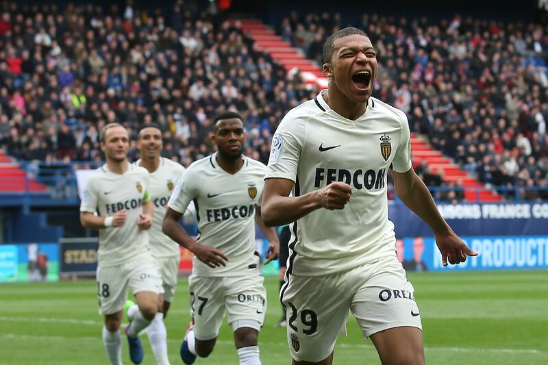 Monaco's Kylian Mbappe celebrates after scoring against Caen in a 2017 Ligue 1 match. AP