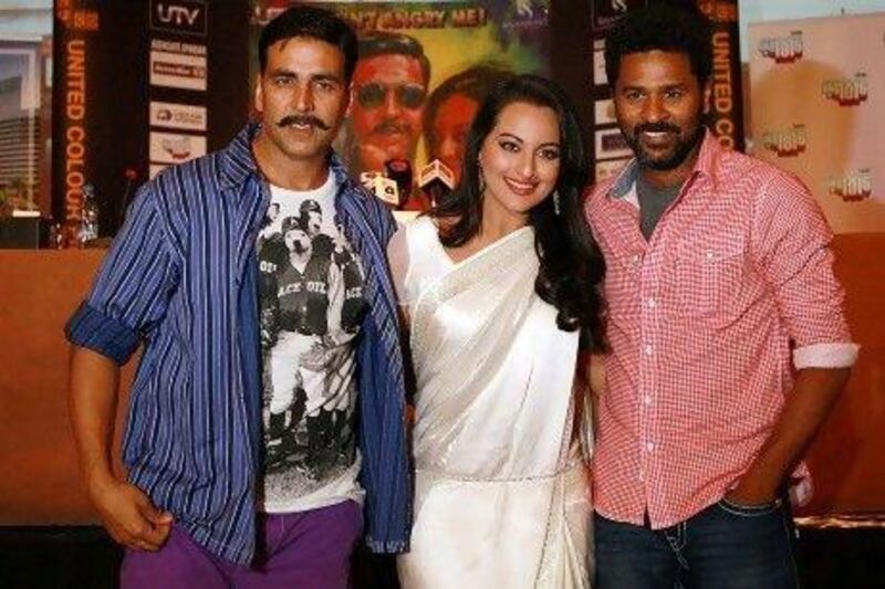 From left: Bollywood actors Akshay Kumar and Sonakshi Sinha and director Prabhudheva at the press conference.