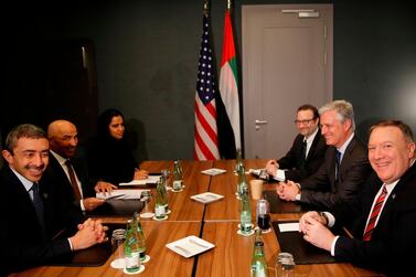 US Secretary of State Mike Pompeo (R) meets United Arab Emirates Foreign Minister Sheikh Abdullah bin Zayed Al Nahyan for bi-lateral talks prior a Peace summit on Libya in Berlin on January 19, 2020. World powers on January 19, 2020 gather in Berlin to make a fresh push for peace in Libya, in a desperate bid to stop the conflict-wracked nation from disintegrating into a "second Syria". Leaders of Russia, Turkey and France are due in Berlin for talks held under the auspices of the United Nations, which want to extract a pledge from foreign powers wielding influence in the region to stop interfering in the conflict, be it through the provision of weapons, troops or financing. / AFP / Odd ANDERSEN