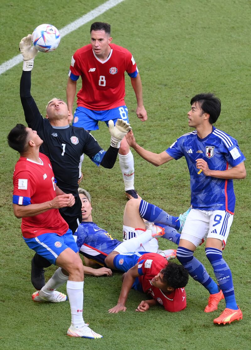 Keylor Navas of Costa Rica makes a save from Kaoru Mitoma of Japan. Getty 