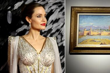 Left: Angelina Jolie, right: An oil on canvas painting by Sir Winston Churchill called 'Tower of the Koutoubia Mosque'. Getty Images/AP Photo