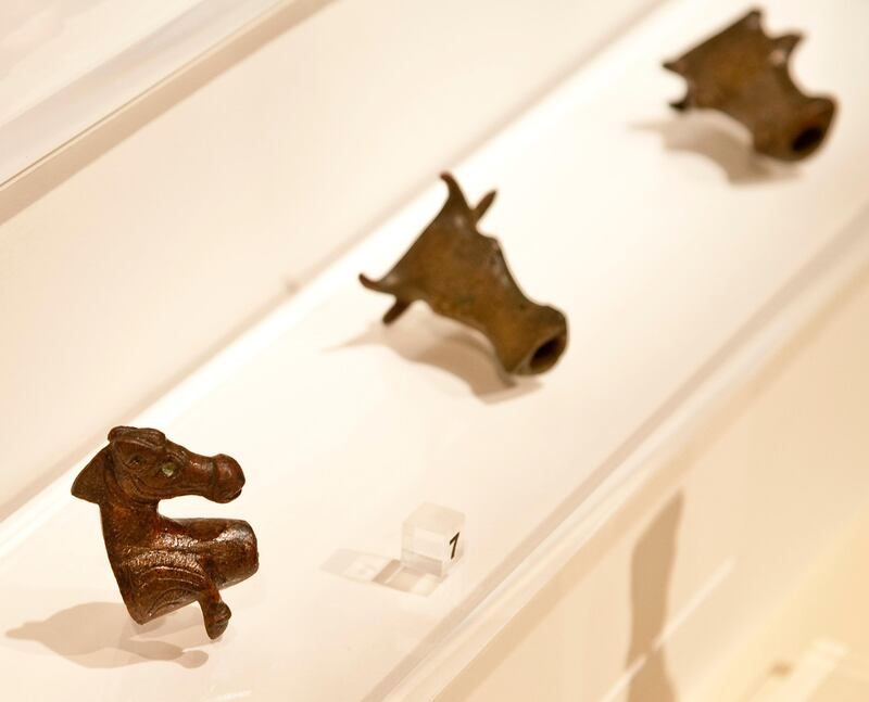 Horse shaped and cow head shaped copper alloy spouts, Mleiha, 150AD on display as part of the exhibit "Our Monuments Narrate Our History" at the Sharjah Archaeology Museum on Tuesday, April 16, 2013. Charles Crowell for The National