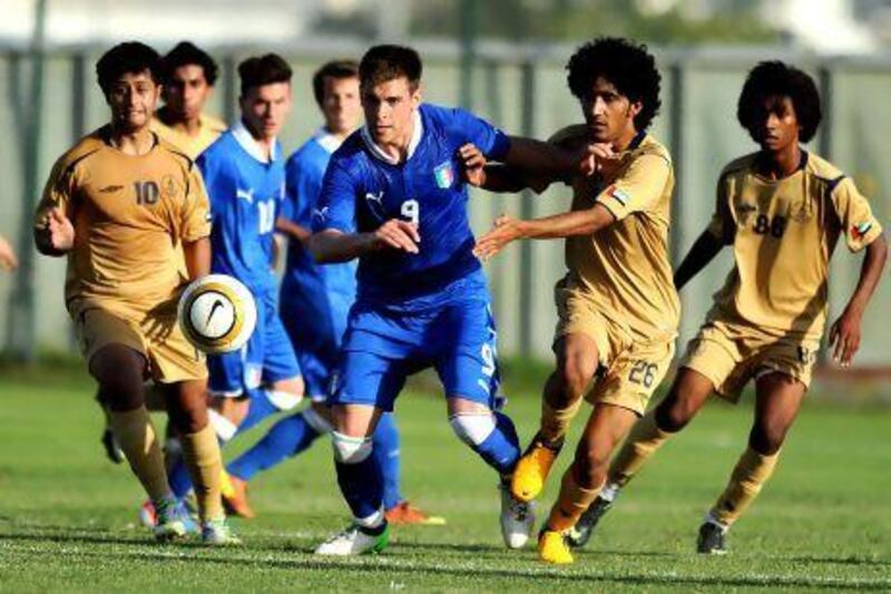 Lega Pro, in blue, beat the junior team of the Dubai club in the group stage of third Sheikh Hamdan Bin Mohammed Al Maktoum tournament at Al Ahli Club ground. The defending champion side from Italy will meet Valencia in the semi-finals. Courtesy handout photo