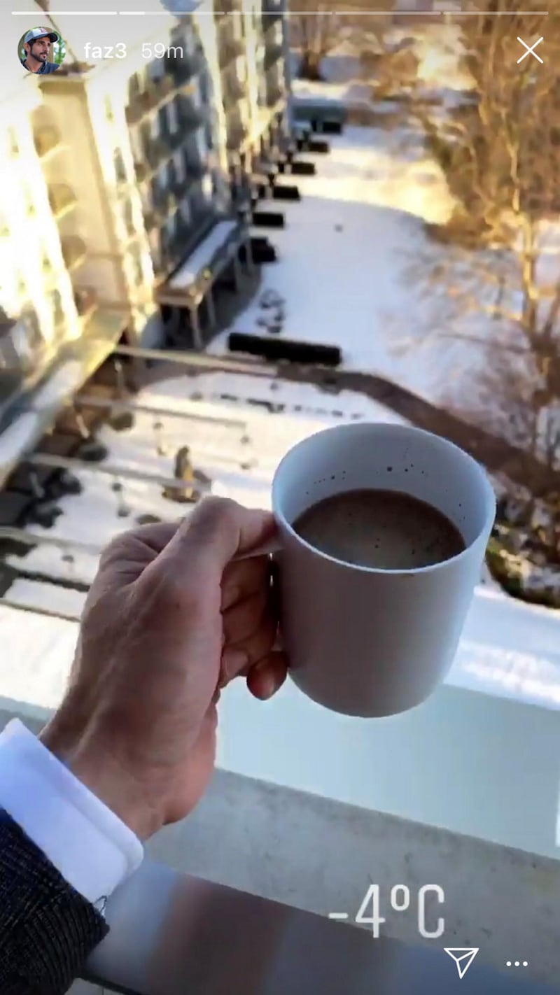 Sheikh Hamdan in Davos enjoying a morning coffee.