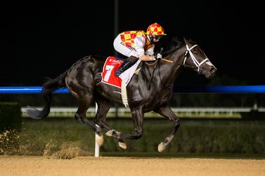 Sam Hitchcock on Rio Angie wins the Conditions race at Meydan’s opening meeting on Thursday, October 5, 2020. Courtesy Erika Rasmussen/DRC