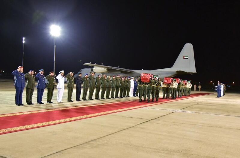 The fallen soldiers received full military honours at Al Bateen Airport on Wednesday evening.