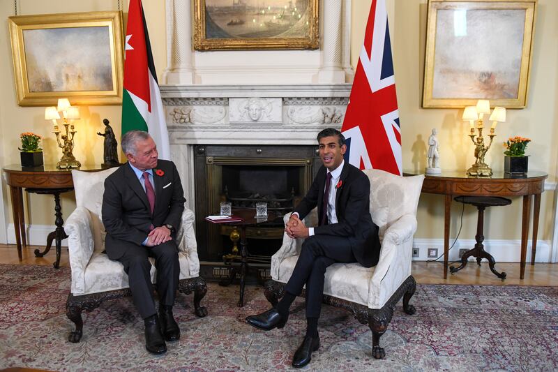 British Prime Minister Rishi Sunak hosted King Abdullah II of Jordan on Friday, for a meeting at 10 Downing Street in London. EPA