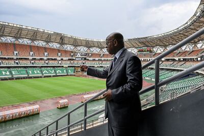 President of the Ivorian Football Federation, Idriss Diallo, speaks during an inspection of the Alassane Ouattara Stadium in Abidjan, commonly known as the Olympic Stadium of Ebimpé. AP