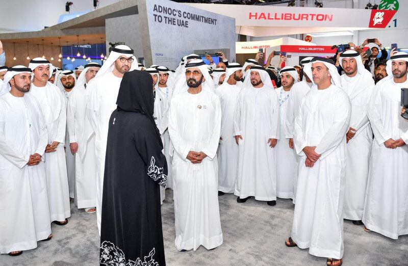Sheikh Mohammed bin Rashid Al Maktoum, Vice President, Prime Minister and Ruler of Dubai, visited today the 35th edition of Abu Dhabi International Petroleum Exhibition and Conference, ADIPEC 2019, along with Sheikh Saif bin Zayed, Deputy Prime Minister and Minister of Interior and Dr. Sultan Ahmed Al Jaber, Minister of State and Group CEO of the Abu Dhabi National Oil Company, ADNOC which is taking place at ADNEC in Abu Dhabi. WAM