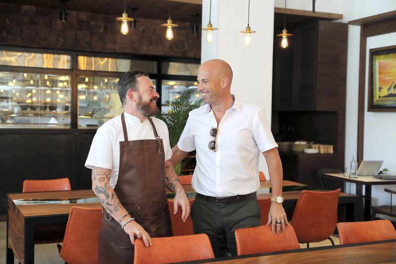 DUBAI, UNITED ARAB EMIRATES , October 7 – 2020 :-  Left to Right – Troy Payne, executive chef and Sergio Lopez, founder at the Pangolin restaurant in The Els Club at Dubai Sports City in Dubai. (Pawan Singh / The National) For Lifestyle. Story by Janice