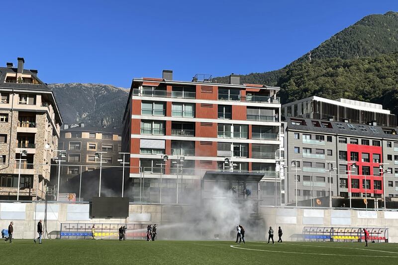 Emergency services tackle the fire at the Estadi Nacional, Andorra. PA