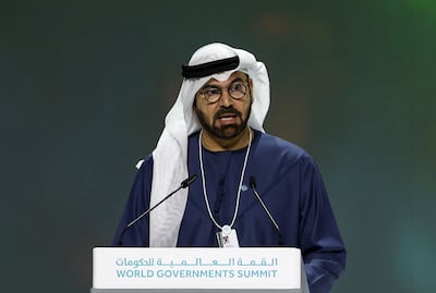 UAE Minister of Cabinet Affairs and chairman of the World Governments Summit, Mohammed Al Gergawi, at the opening session of the summit. Reuters
