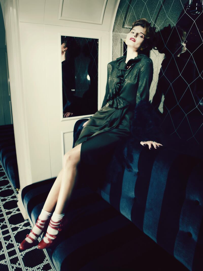 NIGHT LIFE: Photographer: Tina Chang; Styling by: Katie Trotter and Nadia El-Dasher

Wrap, Rundholz at IF Boutique. Dress, Gucci. Socks, stylist's own. Shoes, Oscar De La Renta. Headband, stylist's own. Earrings, Kenneth Jay Lane at Bloomingdale's. 