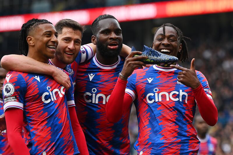 Eberechi Eze of Crystal Palace celebrates with teammates after scoring his side's third goal. Getty 