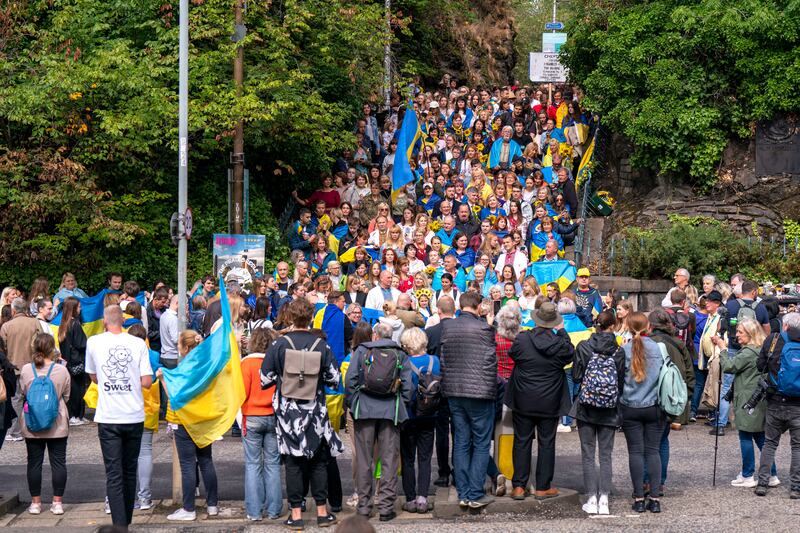 People gather in Edinburgh on Wednesday to take part in a Ukraine independence march. AP