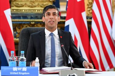 Britain's Chancellor of the Exchequer Rishi Sunak speaks during the first day of the G7 Finance Ministers summit in London. Bloomberg