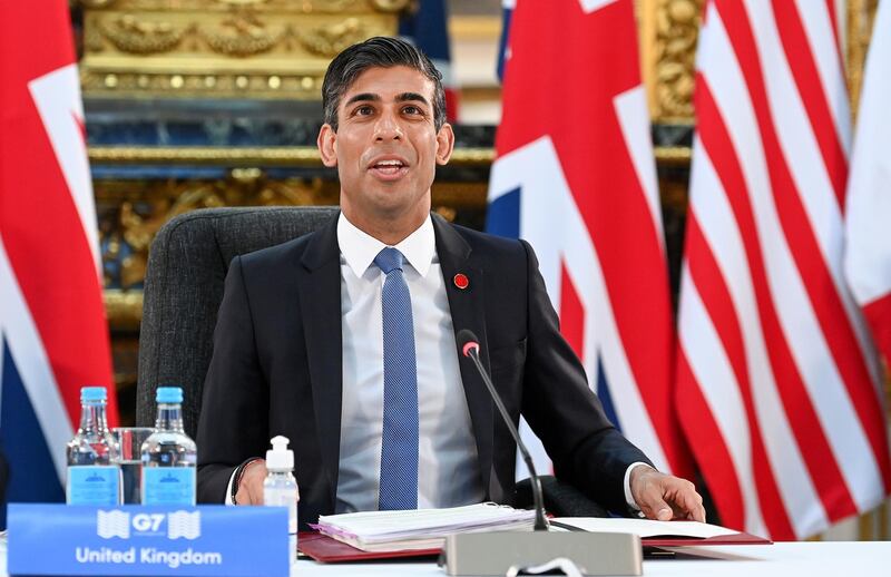 Rishi Sunak, U.K. Chancellor of the Exchequer, speaks during a plenary session the first day of the Group of Seven Finance Ministers summit in London, U.K., on Friday, June 4, 2021. U.K. Chancellor Rishi Sunak will host G-7 finance ministers and central bank chiefs, ahead of the main summit next week. Photographer: Andy Rain/EPA/Bloomberg
