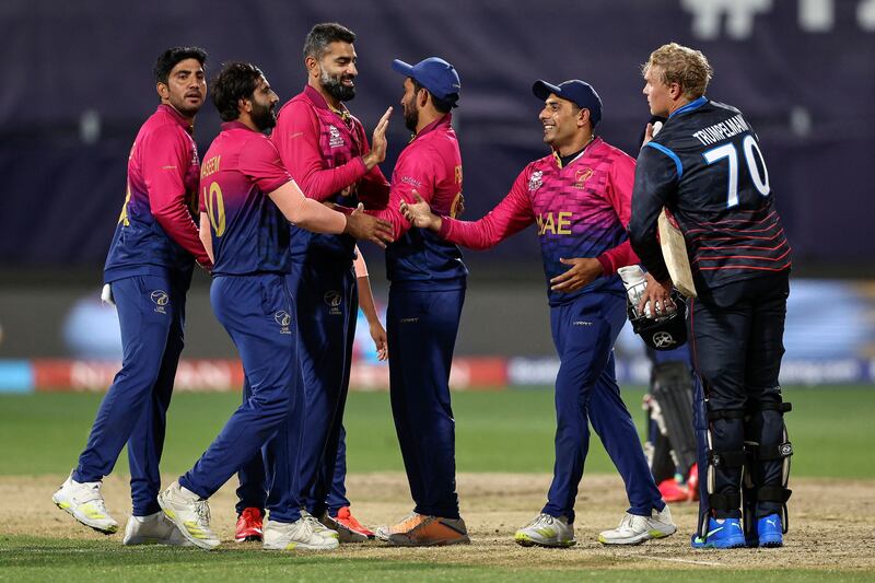 UAE players celebrate their win in Geelong.