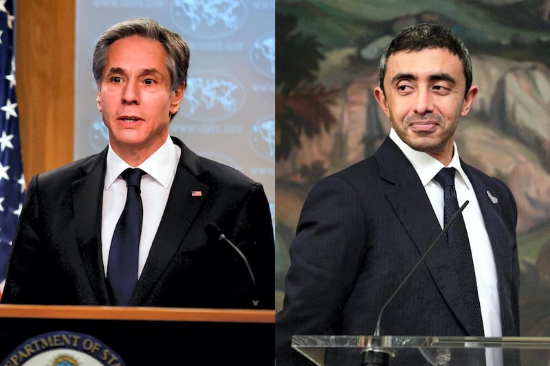 US Secretary of State Antony Blinken, left, and Sheikh Abdullah bin Zayed, Minister of Foreign Affairs and International Co-operation, have discussed bilateral relations. Reuters / AFP
