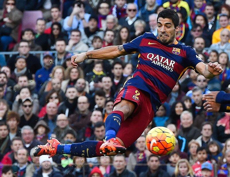 Luis Suarez scores Barcelona’s second goal during the La Liga match between Barca and Real Sociedad at Camp Nou.  David Ramos/Getty Images