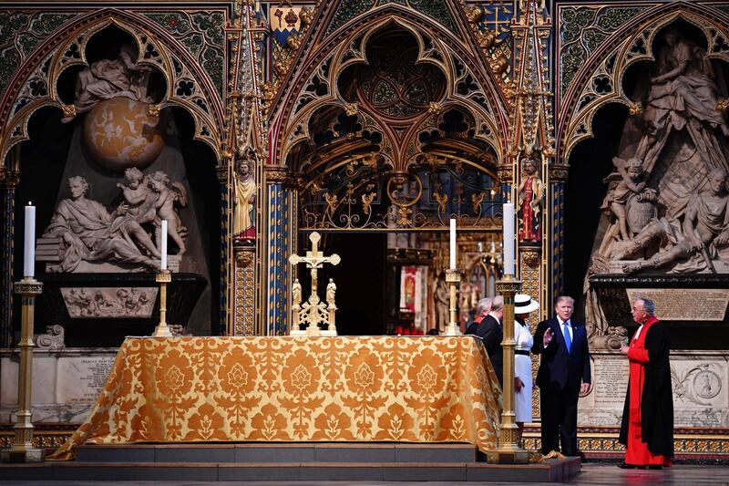 US President Donald Trump and First Lady Melania Trump are shown around Westminster Abbey by Dean of Westminster John Hall in London, England. Getty Images
