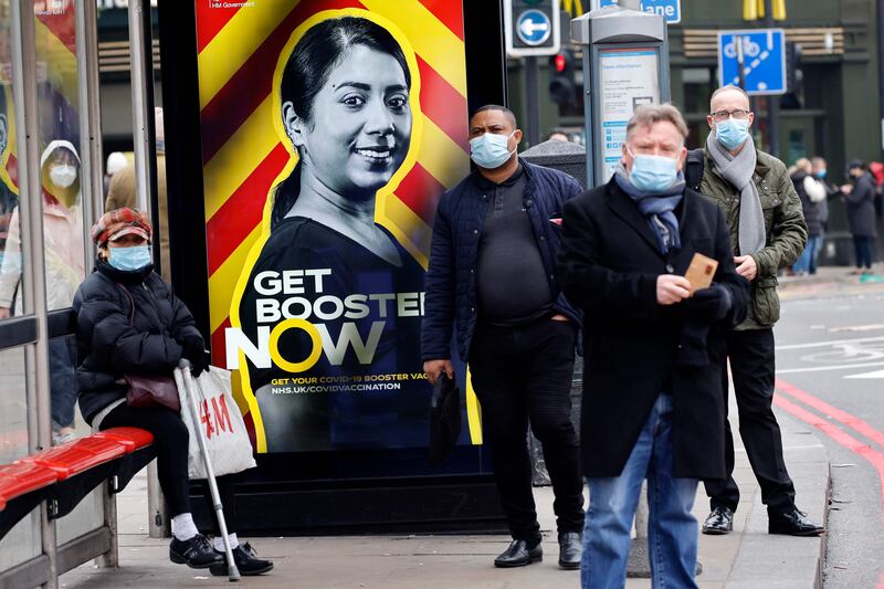 A government advertisement promoting the UK government's Covid-19 vaccine booster programme in London. Photo: AFP
