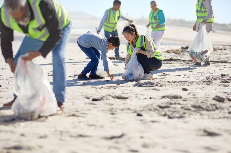 volunteers cleaning up litter on sunny, sandy beach. Getty Images