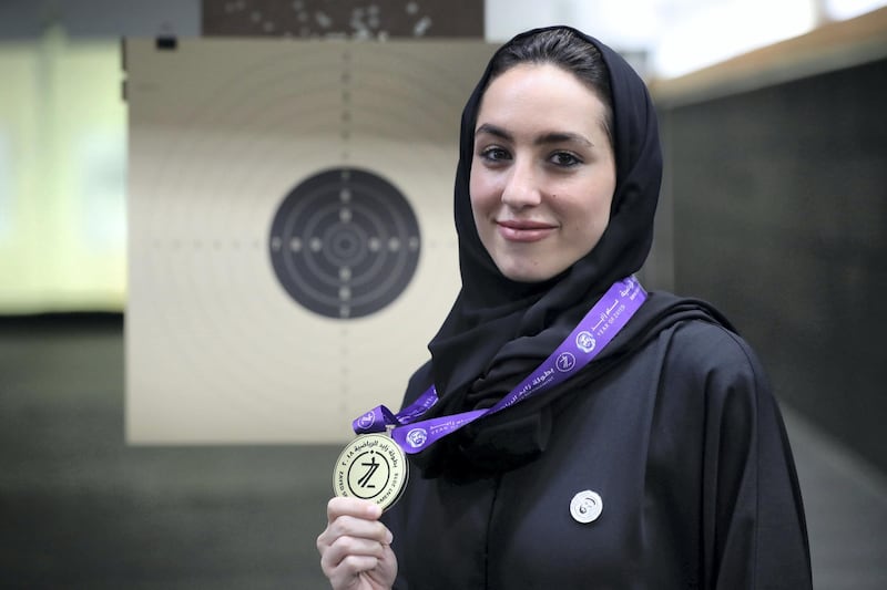 Abu Dhabi, United Arab Emirates - May 30th, 2018: Winner Sheena Ali in the shooting at the Zayed Ramadan Cup. Wednesday, May 30th, 2018 at Armed Forces Officers Club, Abu Dhabi. Chris Whiteoak / The National