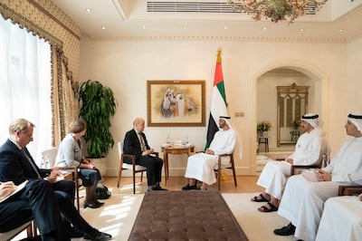 Sheikh Mohamed and Mr Le Drian meet in Abu Dhabi on Monday. Sheikh Abdullah bin Zayed, Minister of Foreign Affairs and International Cooperation and Khaldoon Al Mubarak, managing director and group chief executive of Mubadala, also attended. Courtesy: Ministry of Presidential Affairs