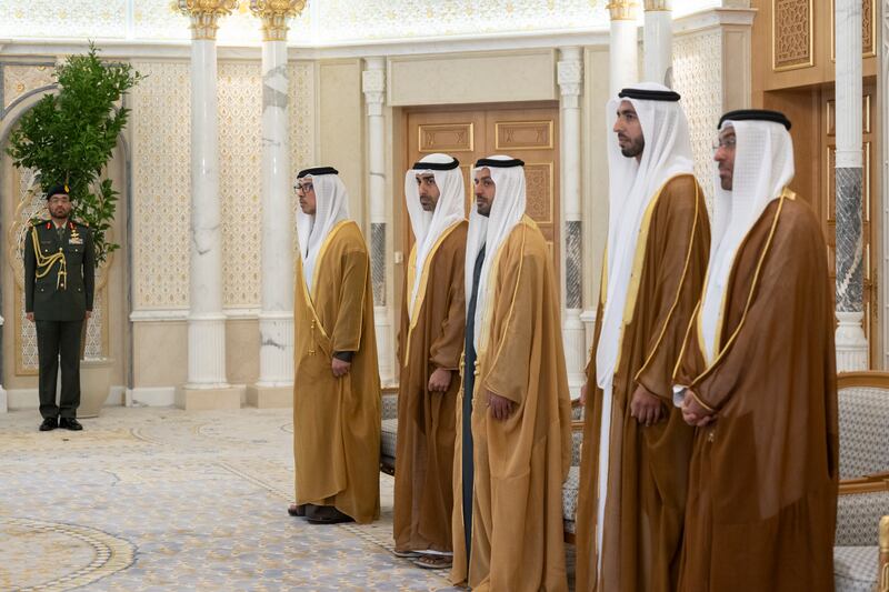 From left, Sheikh Mansour bin Zayed, Vice President, Deputy Prime Minister and Chairman of the Presidential Court; Sheikh Hamdan bin Mohamed; Sheikh Mohammed bin Hamad, Private Affairs Adviser in the Presidential Court; Sheikh Shakhbout bin Nahyan, Minister of State; and Ahmed Al Sayegh, Minister of State, attend the event