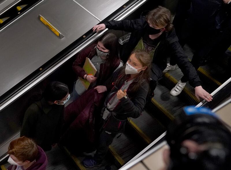 Climate activist Greta Thunberg arrives at Glasgow Central station for the Cop26 summit. PA