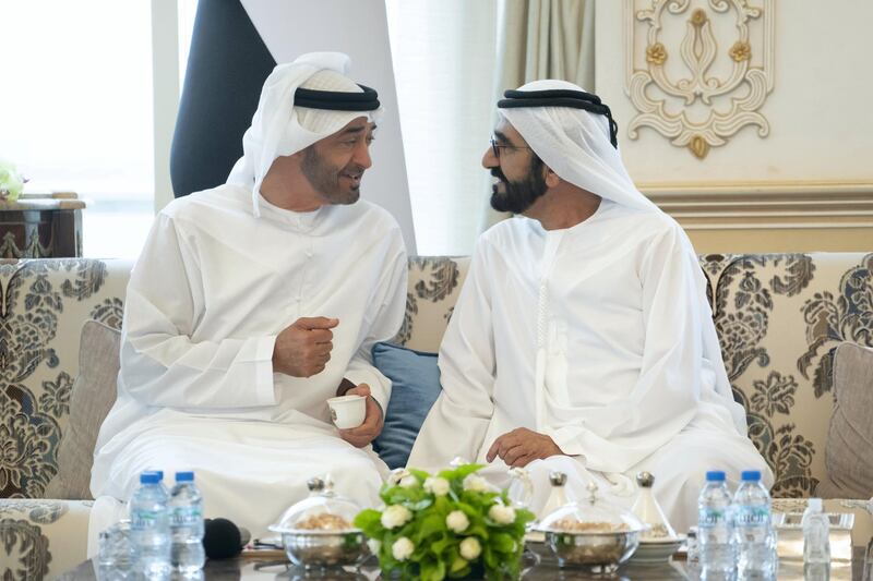 ABU DHABI, UNITED ARAB EMIRATES - September 02, 2019: HH Sheikh Mohamed bin Zayed Al Nahyan, Crown Prince of Abu Dhabi and Deputy Supreme Commander of the UAE Armed Forces (L) receives HH Sheikh Mohamed bin Rashid Al Maktoum, Vice-President, Prime Minister of the UAE, Ruler of Dubai and Minister of Defence (R), during a Sea Palace barza.

( Mohamed Al Hammadi / Ministry of Presidential Affairs )
---