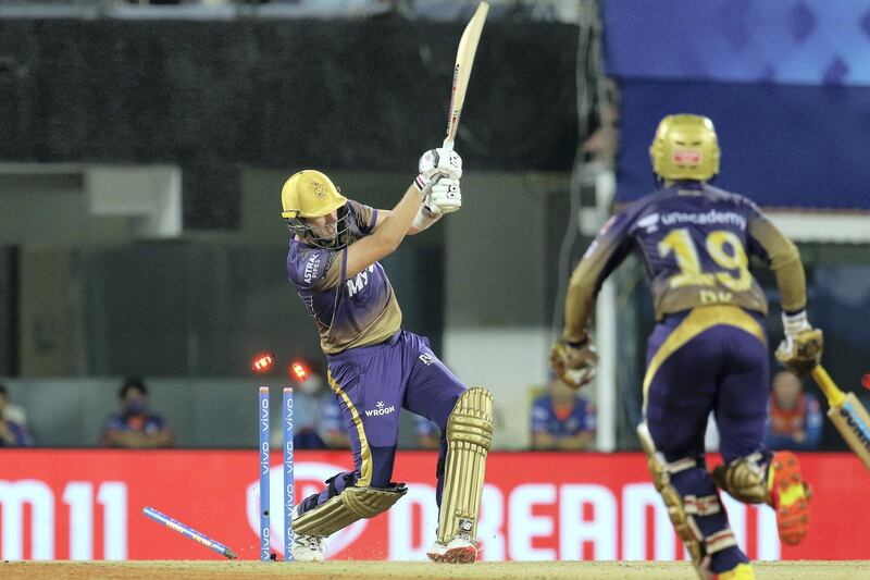 Pat Cummins of Kolkata Knight Riders gets bowled during match 5 of the Vivo Indian Premier League 2021 between  the Kolkata Knight Riders and the Mumbai Indians held at the M. A. Chidambaram Stadium, Chennai on the 13th April 2021.

Photo by Faheem Hussain / Sportzpics for IPL