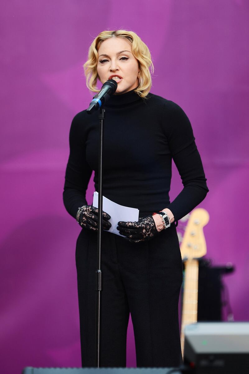 LONDON, ENGLAND - JUNE 01:  Singer Madonna speaks on stage at the "Chime For Change: The Sound Of Change Live" Concert at Twickenham Stadium on June 1, 2013 in London, England. Chime For Change is a global campaign for girls' and women's empowerment founded by Gucci with a founding committee comprised of Gucci Creative Director Frida Giannini, Salma Hayek Pinault and Beyonce Knowles-Carter.  (Photo by Ian Gavan/Getty Images for Gucci)