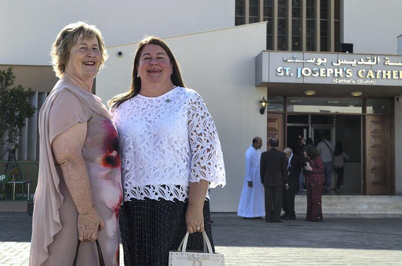 Abu Dhabi, United Arab Emirates - Left, Hannah Robb and Imelda Popplewell met the Pope in the morning at St. JosephÕs Cathedral on February 5, 2019. Khushnum Bhandari for The National