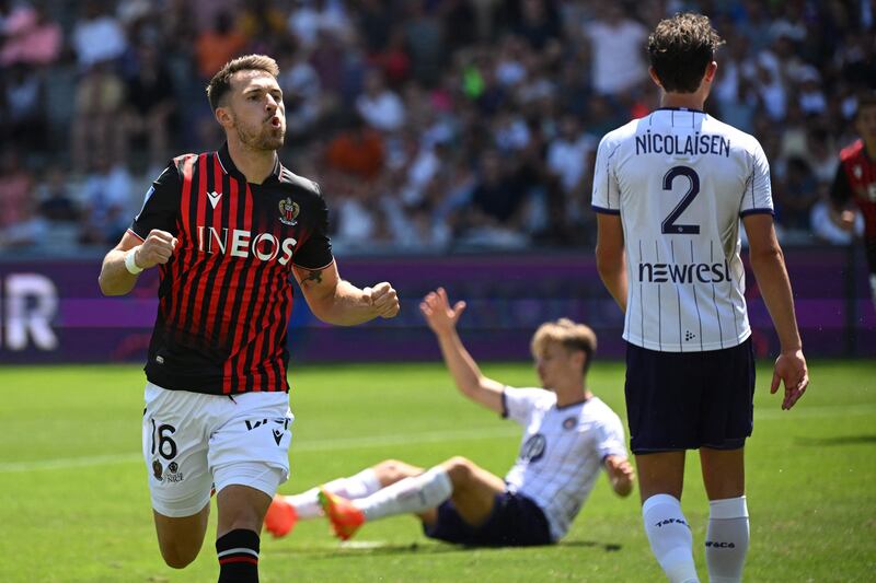 Nice's newly signed Welsh midfielder Aaron Ramsey celebrates scoring his team's equaliser in the 1-1 Ligue 1 draw against Toulouse on August 7, 2022. AFP