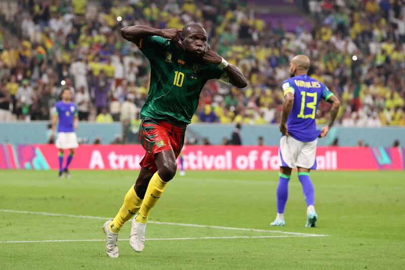 Vincent Aboubakar of celebrates after scoring for Cameroon. Getty