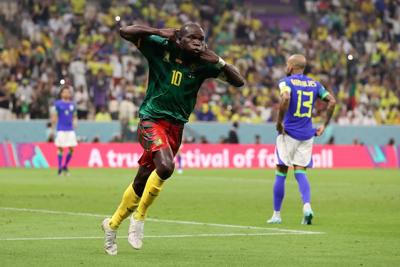 Vincent Aboubakar of celebrates after scoring for Cameroon. Getty