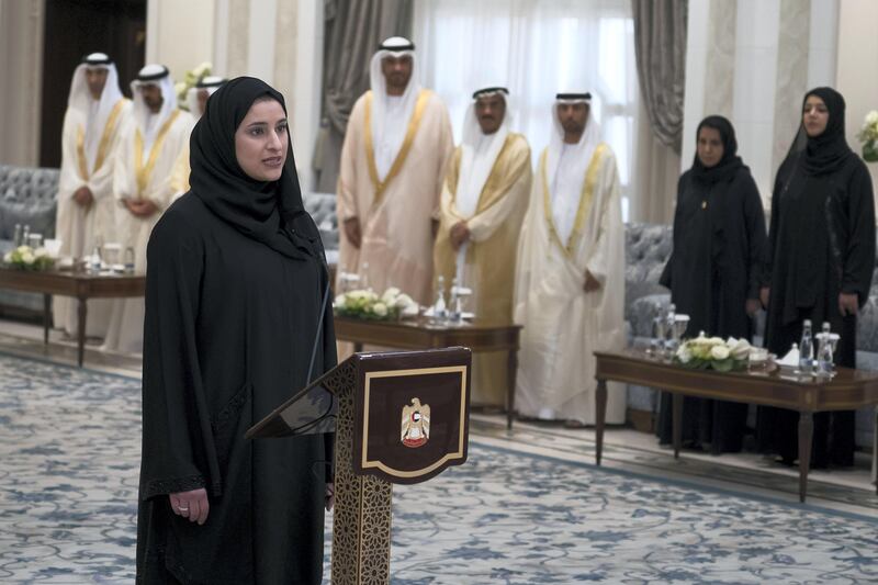 ABU DHABI, UNITED ARAB EMIRATES - October 31, 2017: HE Sarah Yousif Al Amiri, UAE Minister of State for Advanced Sciences, gives her oath, during a swearing-in ceremony for newly appointed ministers, at Mushrif Palace.

( Hamad Al Kaabi / Crown Prince Court - Abu Dhabi )
---